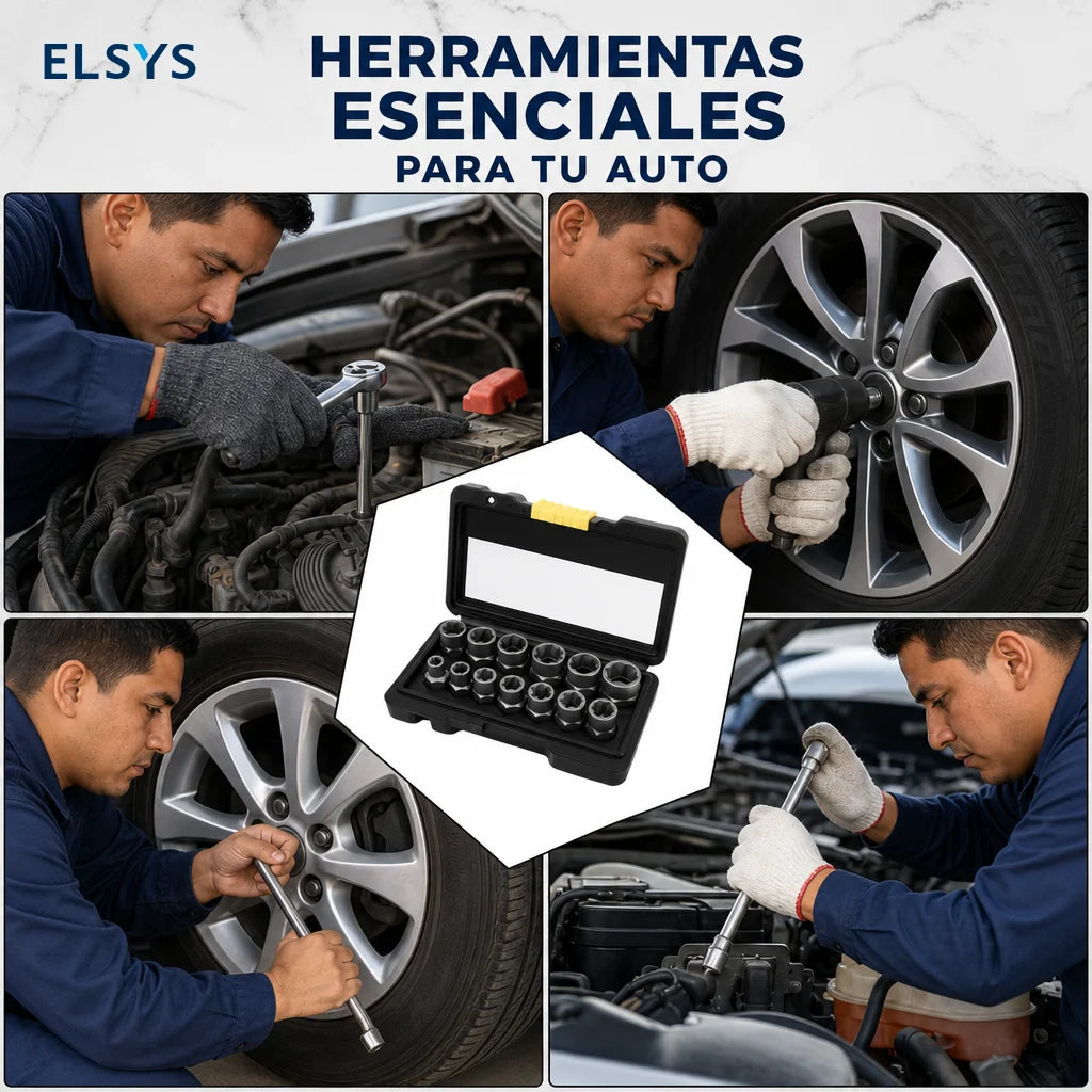 Juego extractor de birlos y tuercas dañadas 14 piezas, acero Cr-Mo, para taller mecánico y reparaciones de auto con estuche