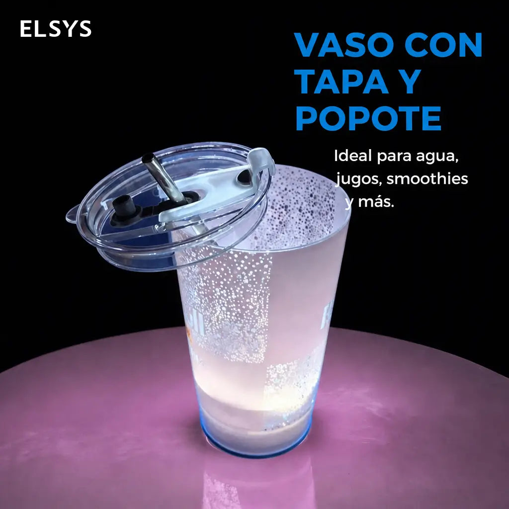 Vaso LED luminoso de 414 ml con color personalizable, tapa y popote para bebidas frías en fiestas, bares y eventos especiales