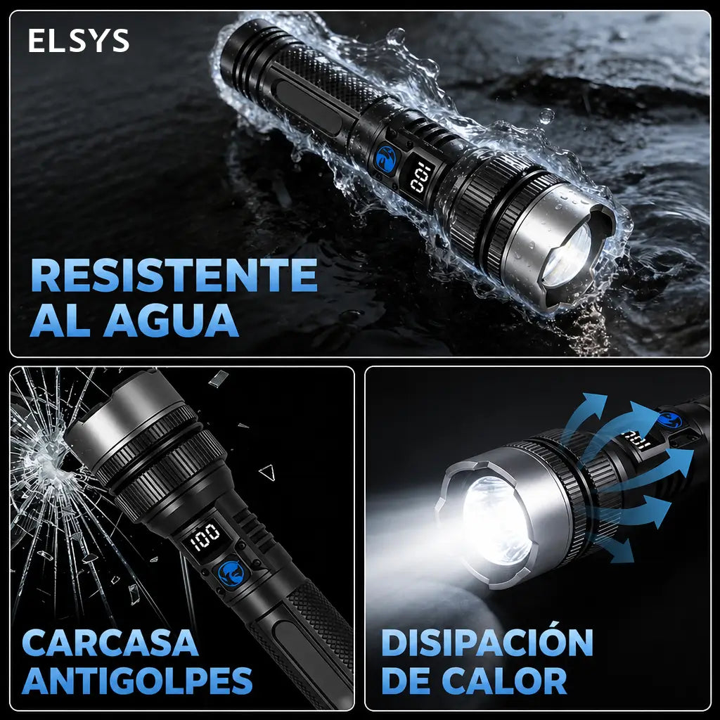 Linterna LED recargable 2 en 1 de 2200 lúmenes con power bank para camping y emergencias