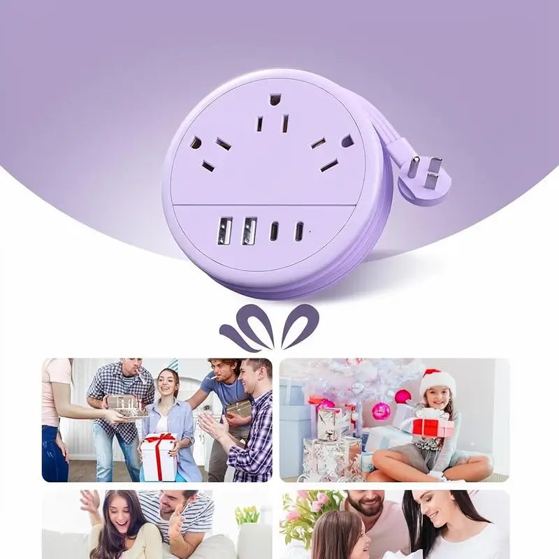 Multicontacto de Viaje Redondo con 3 Salidas de CA y 4 Puertos USB (2 USB-C) – Cable de Extensión Enrollable de 1.2 m, Apto para Cruceros, Esencial para Hotel, Dormitorio y Oficina