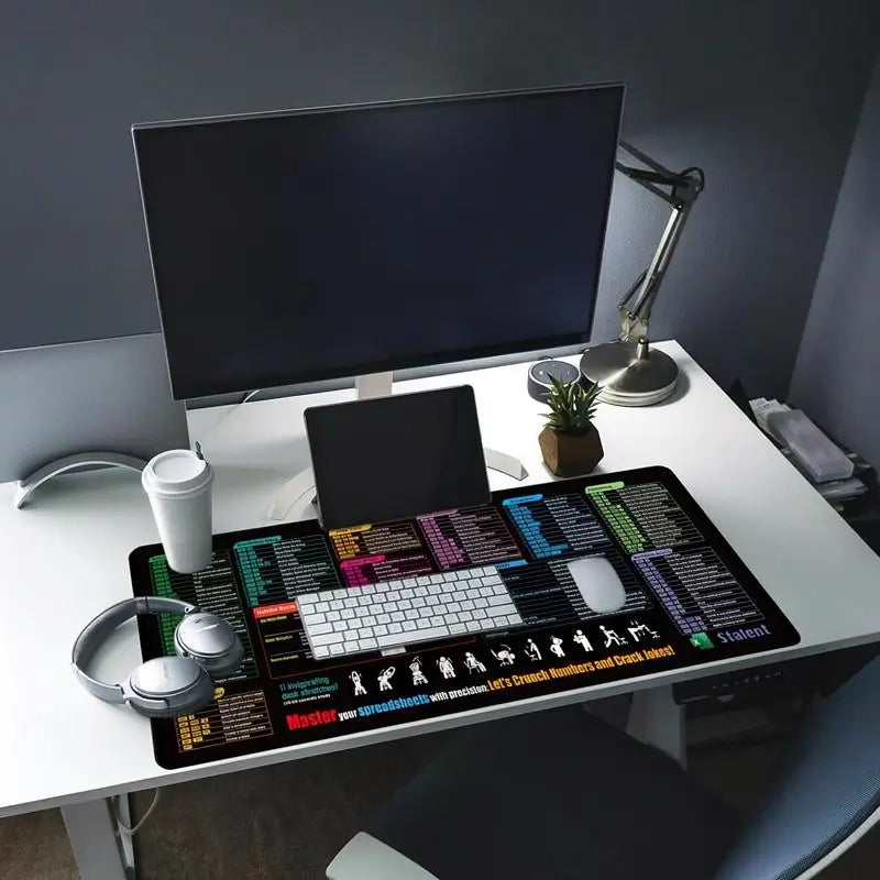 Mouse Pad Extragrande con Atajos de Excel | Tapete de Escritorio XXL para Oficina y Gaming | Bordes Reforzados Antideslizantes | Ideal para Usuarios de Hojas de Cálculo (90x40 cm)
