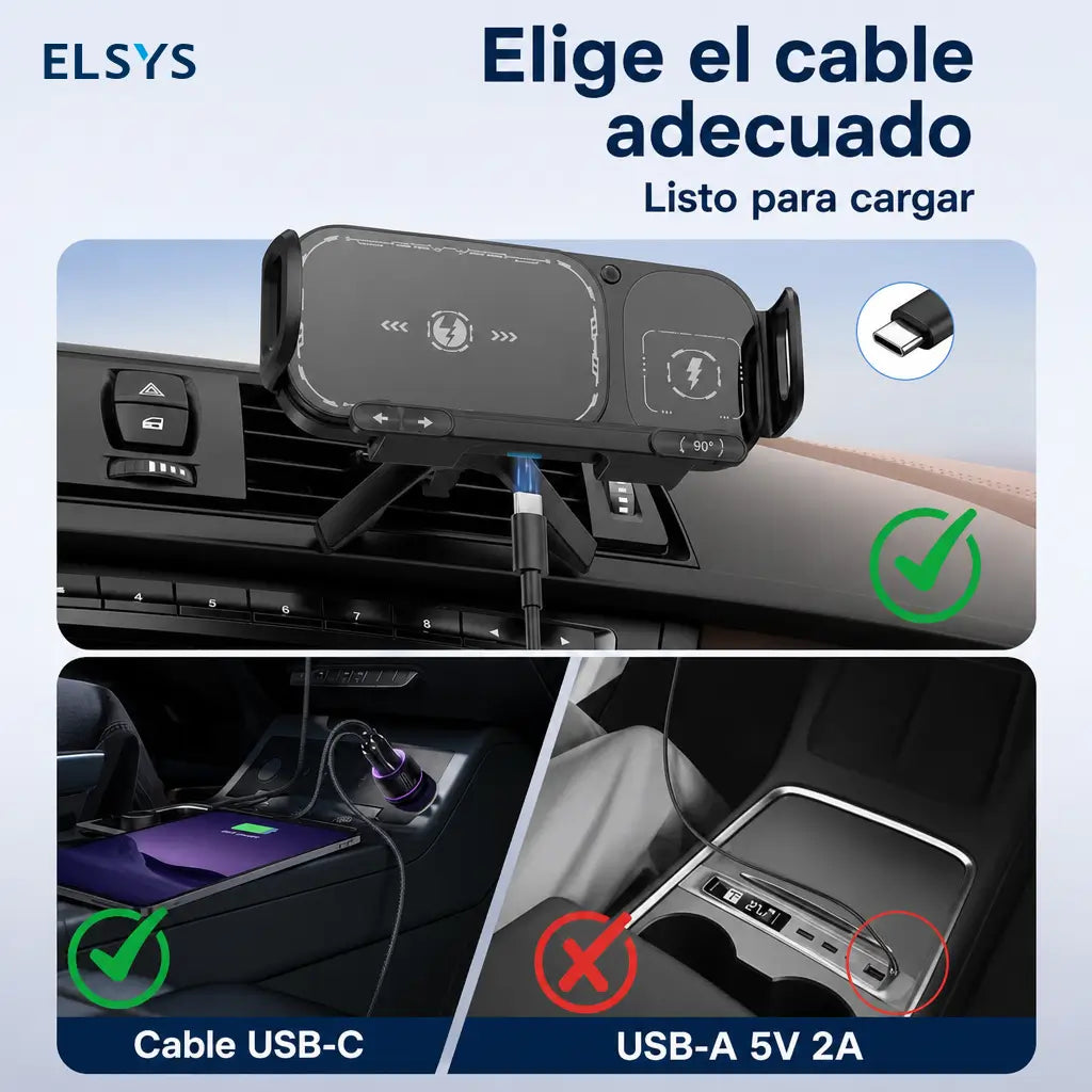 Soporte cargador inalámbrico 15W para auto con sujeción automática y rotación 90°, ideal para celulares plegables y grandes