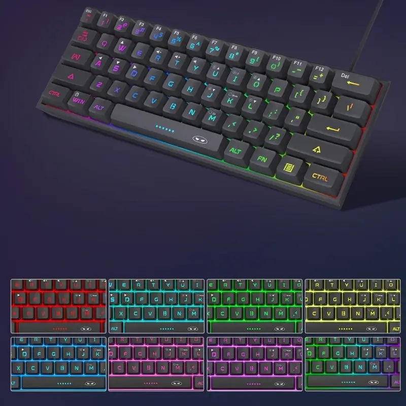 Mini Teclado Gamer 60% con Retroiluminación RGB, 61 Teclas, Teclado de Membrana Ultra Compacto y Ergonómico, Impermeable para PC, Mac y Consolas (Negro)