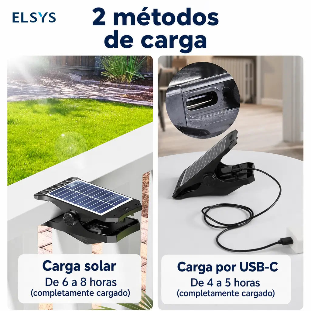 Lámpara solar exterior con sensor de movimiento, 600 lm, carga USB-C y clip ajustable para patio, jardín, reja o cochera en casa