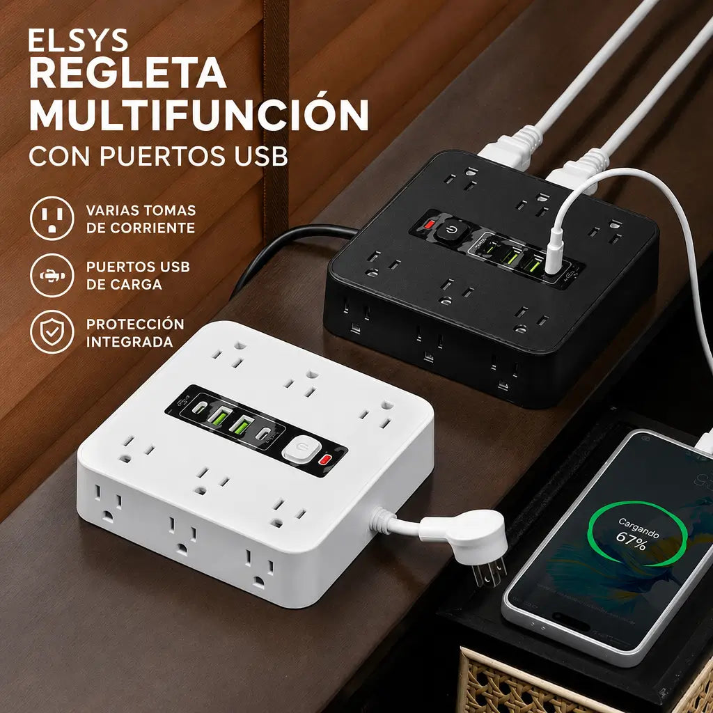 Multicontacto 16 en 1 con protección contra picos, 12 tomas AC y USB-C para carga organizada en casa, oficina o viaje diario