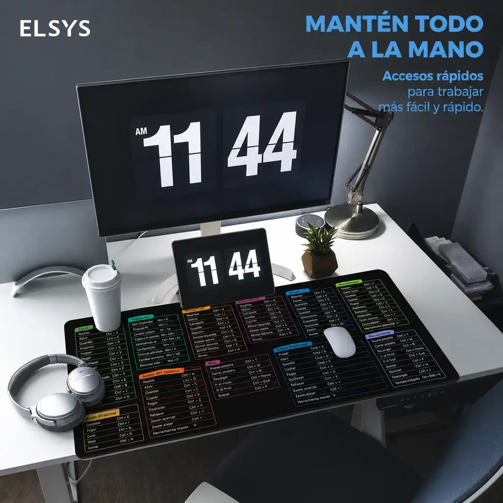 Tapete XXL para escritorio con atajos de Excel, base antideslizante y borde cosido para oficina, gaming y productividad diaria en computadora