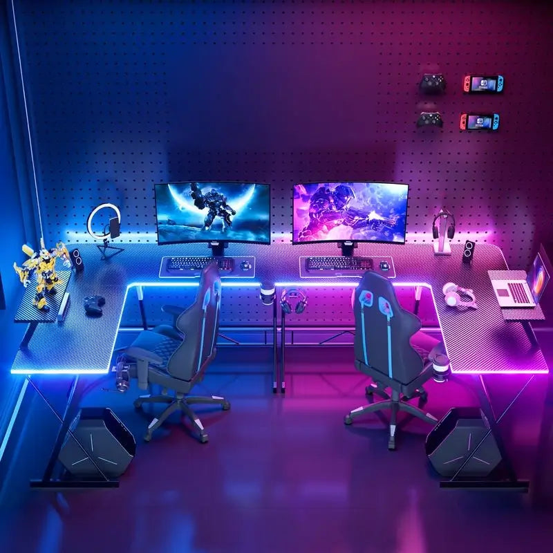 Escritorio Gamer en L con Luces LED, Escritorio de Esquina para Computadora con Portavasos y Gancho para Audífonos, Estación de Trabajo para Oficina en Casa con Soporte para Monitor Grande, Fácil de Armar (Negro, 130 cm)