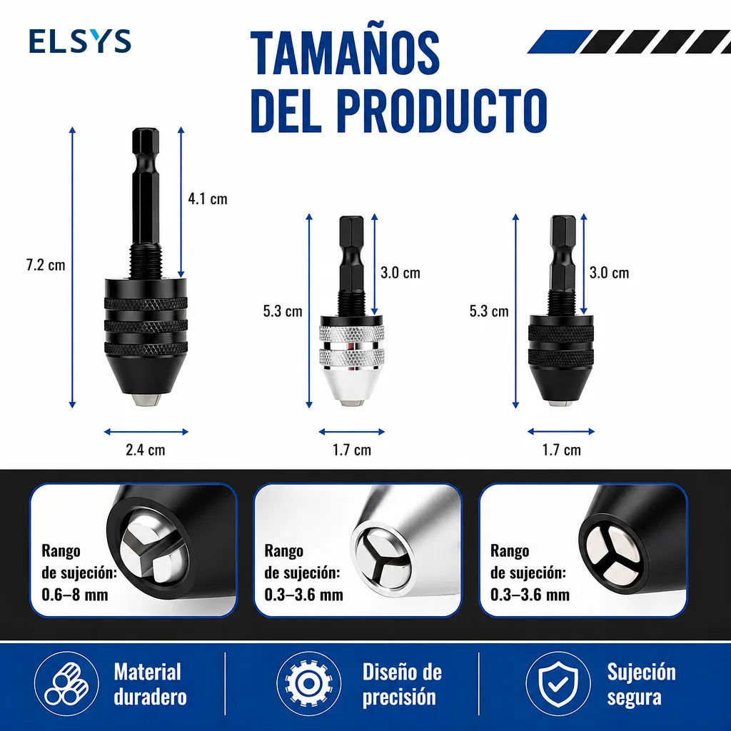 Adaptador de mandril sin llave 1/4" hexagonal de cambio rápido, set de 2 para taladros de impacto y herramientas eléctricas compatibles