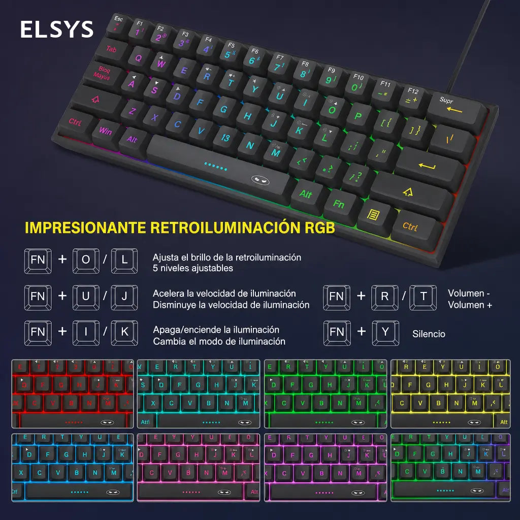 Teclado gamer 60% compacto TS91 con iluminación RGB y 61 teclas de membrana para jugar o trabajar en PC, Mac, PS4 y Xbox One