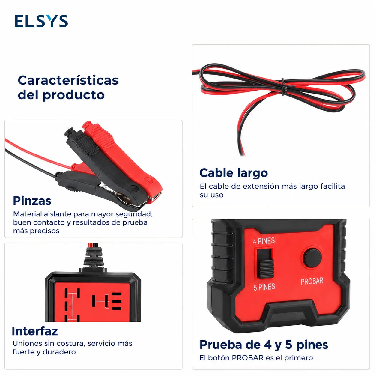 Probador de relevadores automotrices 12V/24V con LED y selector 4/5 pines para diagnóstico rápido en auto y taller