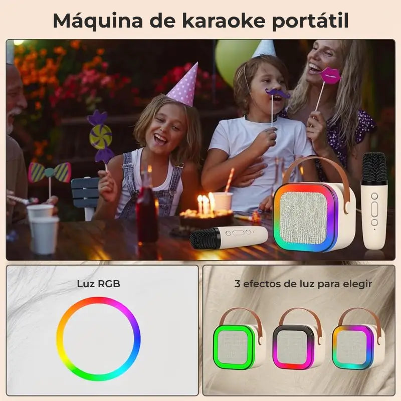 Mini Máquina de Karaoke con 2 Micrófonos Inalámbricos, Bocina Bluetooth con Luz LED Nocturna, Sistema de Karaoke Portátil para Fiestas