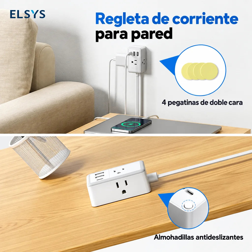 Extensión eléctrica con clavija plana y puertos USB