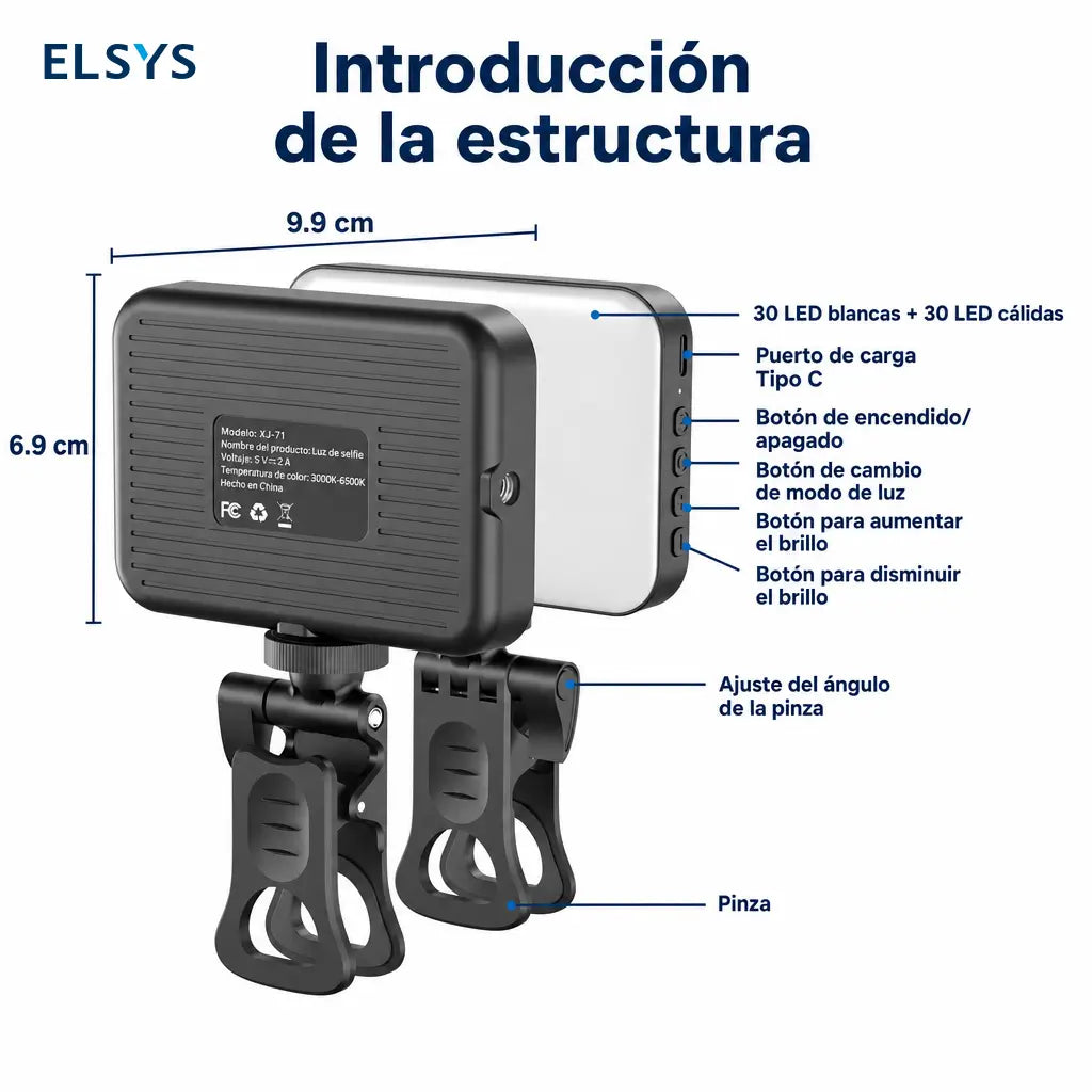 Luz LED recargable de clip con 3 tonos y 10 niveles para selfies, videollamadas, streaming y maquillaje en celular o laptop