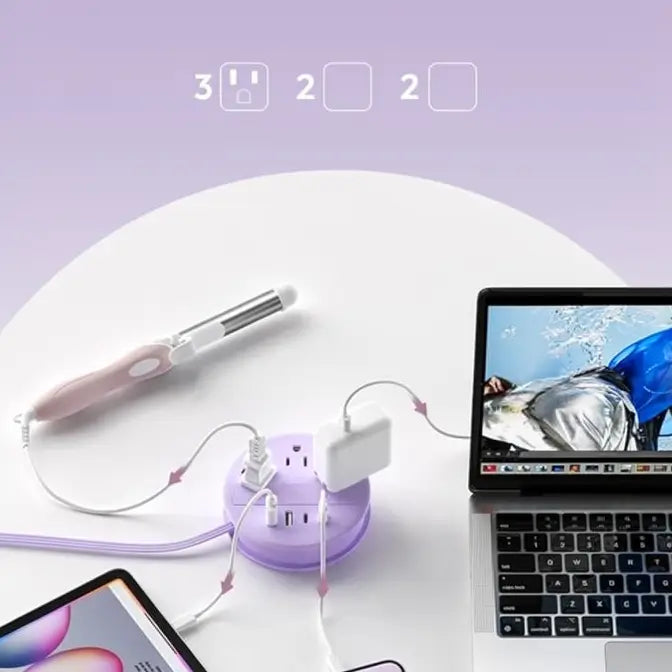 Multicontacto de Viaje Redondo con 3 Salidas de CA y 4 Puertos USB (2 USB-C) – Cable de Extensión Enrollable de 1.2 m, Apto para Cruceros, Esencial para Hotel, Dormitorio y Oficina