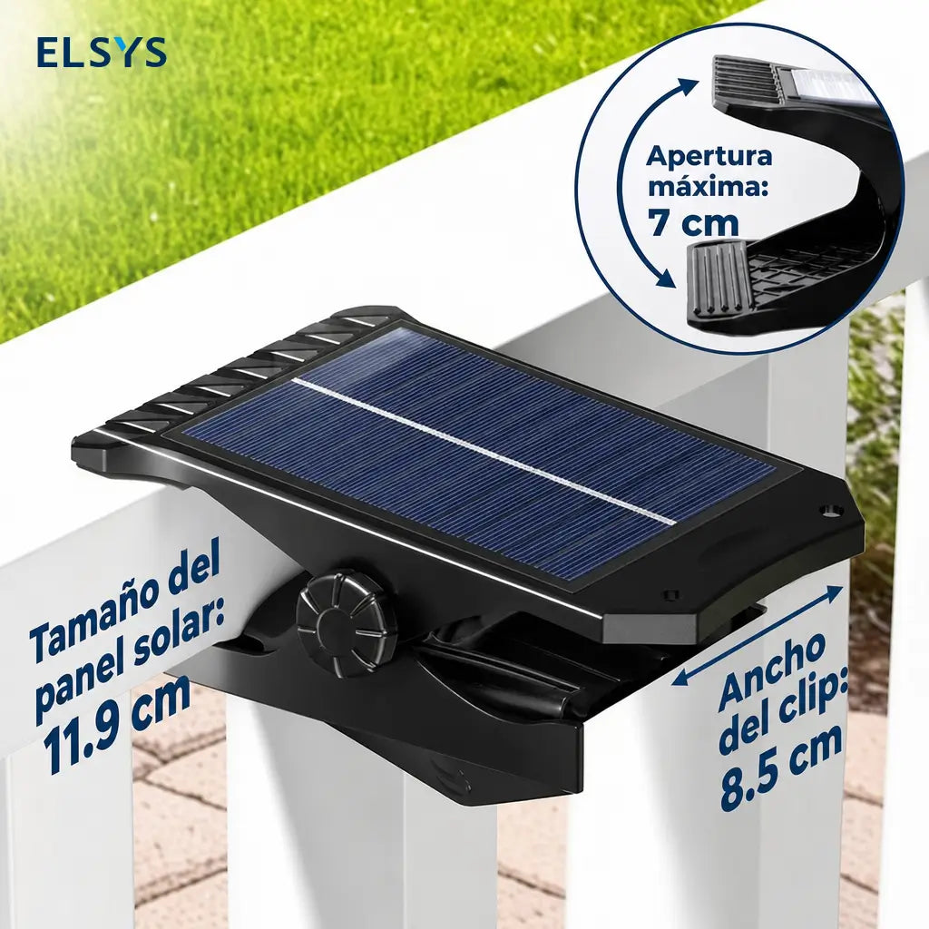 Lámpara solar exterior con sensor de movimiento, 600 lm, carga USB-C y clip ajustable para patio, jardín, reja o cochera en casa