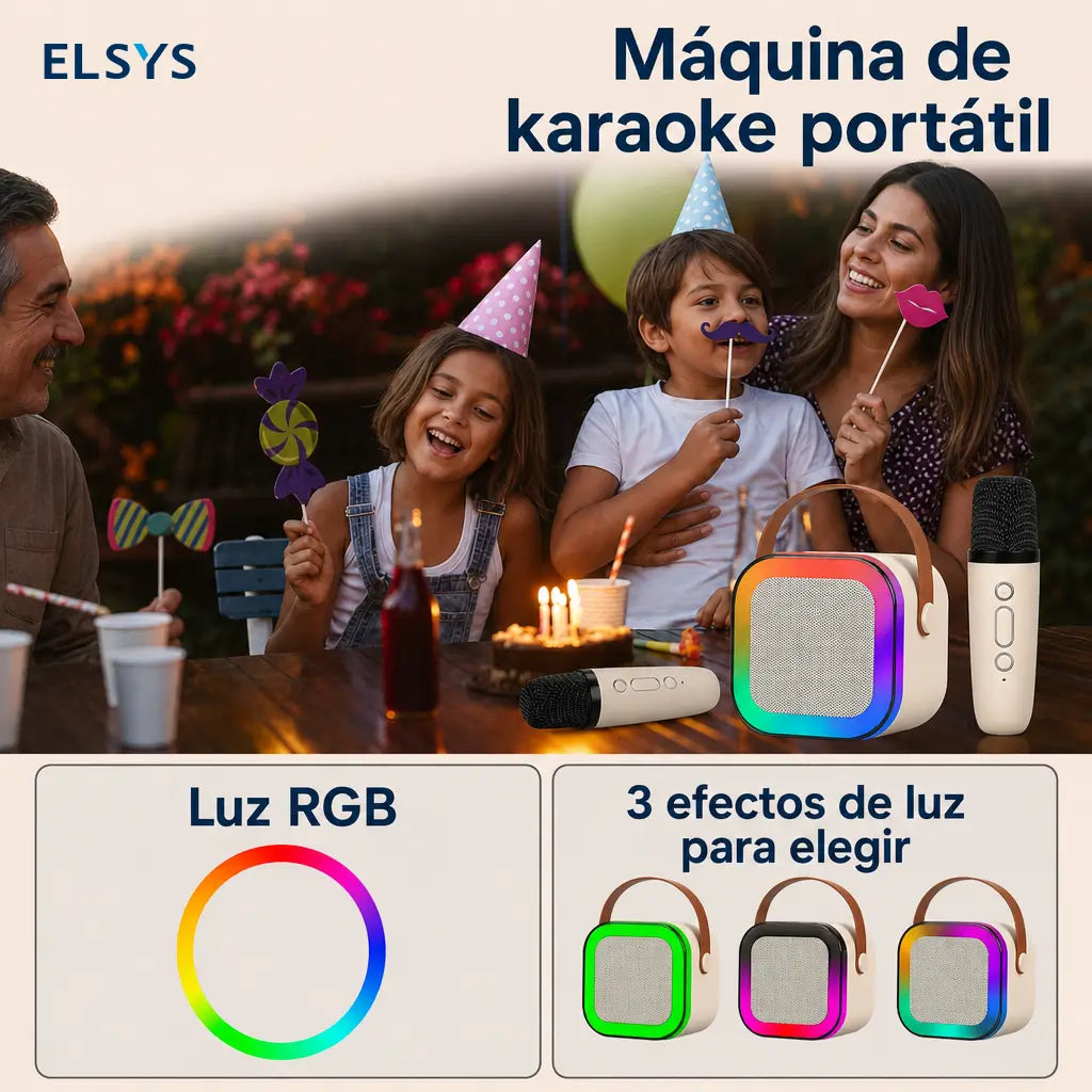 Bocina karaoke mini Bluetooth 5.3 con 2 micrófonos inalámbricos, luces RGB y sonido HiFi para fiestas en casa y reuniones al aire libre