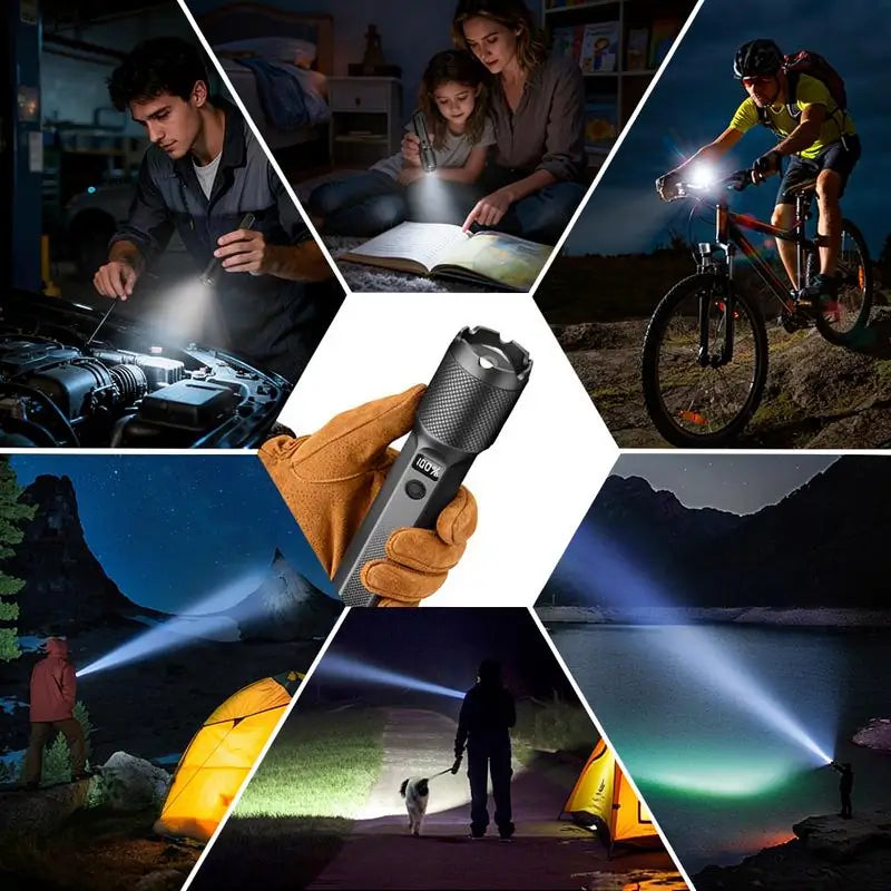 Linterna LED Recargable de 2000 Lúmenes, Táctica con Zoom Ajustable, Pantalla Digital y Base Magnética, 7 Modos de Iluminación para Camping, Senderismo y Emergencias