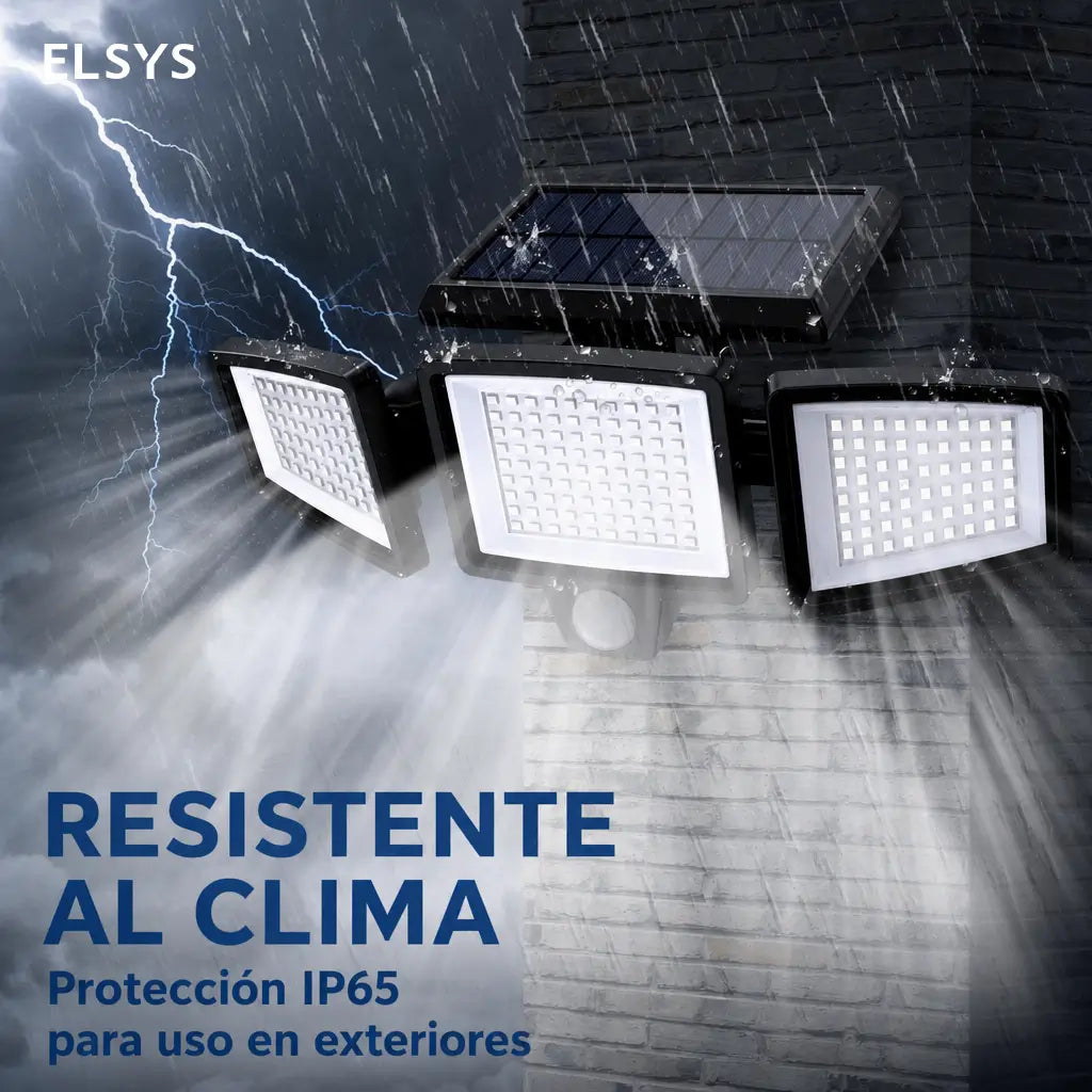 Lámpara solar exterior de seguridad 2500 lm con 3 cabezales ajustables, sensor PIR y control remoto para patios y cocheras