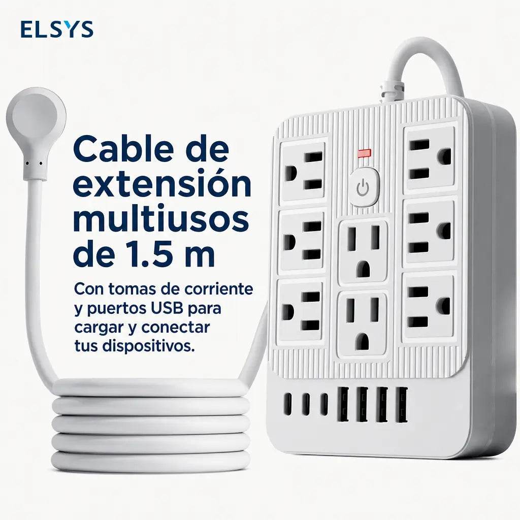 Multicontacto 15 en 1 con 8 tomas, USB-C y protección contra sobretensión para cargar varios equipos en oficina, casa y viajes