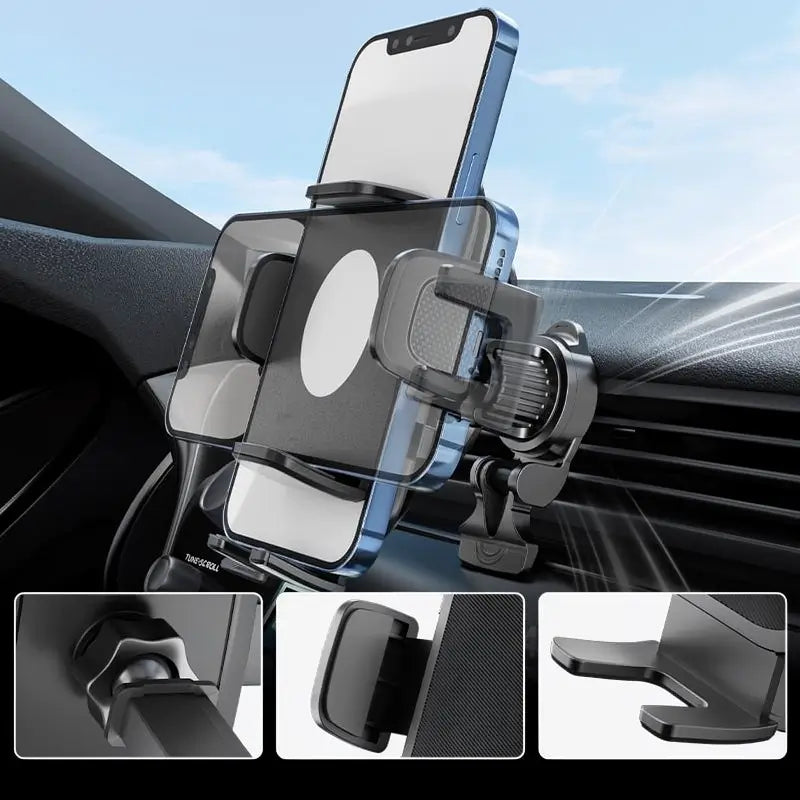 Soporte de Celular para Carro 3 en 1, Ventosa de Succión Fuerte para Parabrisas y Tablero, Clip para Rejilla de Aire, Ajuste Universal con TPU y Botón de Liberación Rápida, Base Duradera y Protectora