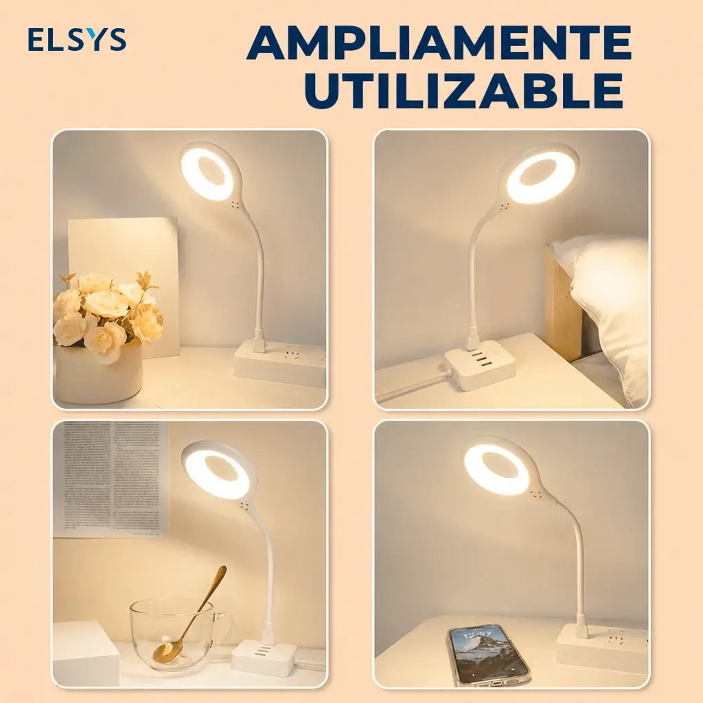 Lámpara LED USB de cuello flexible con control por voz y luz cálida regulable para lectura nocturna en cama, oficina o estudio