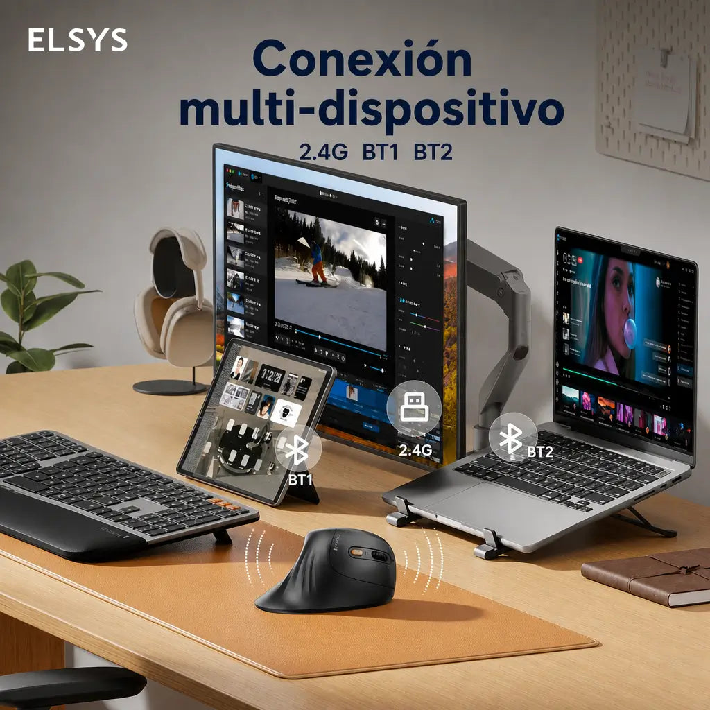 Mouse vertical ergonómico recargable USB-C con Bluetooth, 2.4G, DPI ajustable y clic silencioso para trabajar cómodo en hasta 3 dispositivos diario