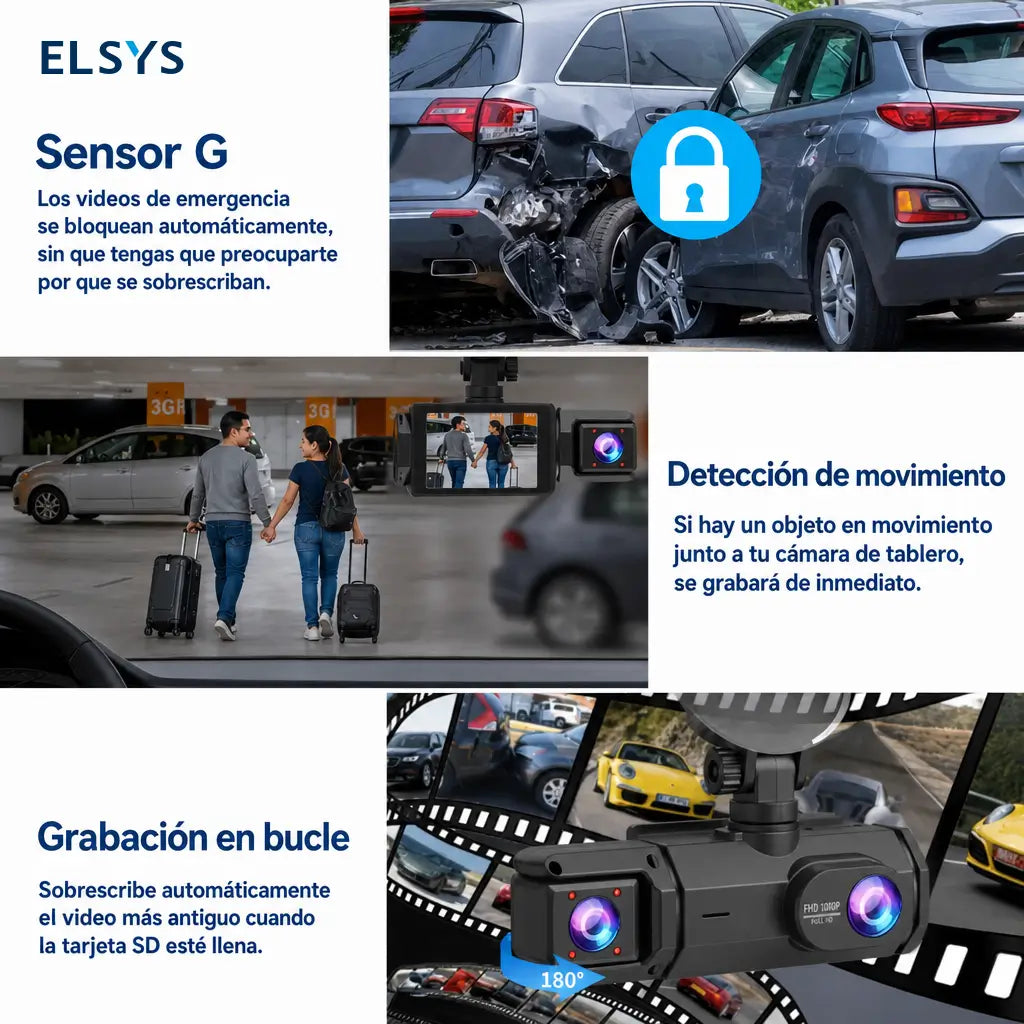 Cámara DVR compacta para vehículo con pantalla, 1080P frontal y cámara giratoria 180° para vigilar camino e interior en cada trayecto con mayor control