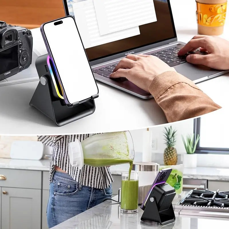 Soporte con Bocina de Inducción Inalámbrica 5 en 1, Base para Celular y Tablet, Power Bank de 3500mAh, Ajuste de 360° con Luz Ambiental LED de Colores