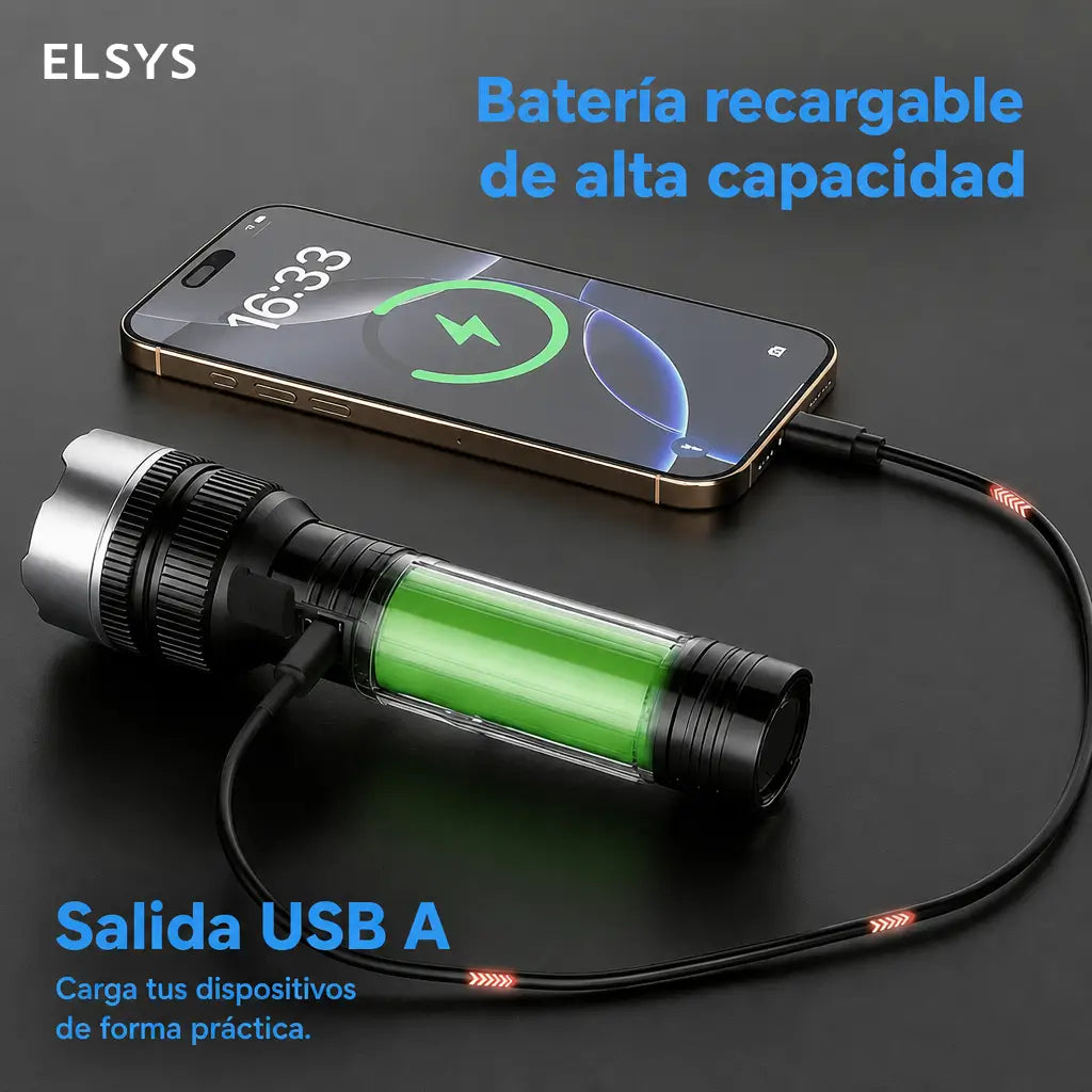 Linterna LED recargable 2 en 1 de 2200 lúmenes con power bank para camping y emergencias