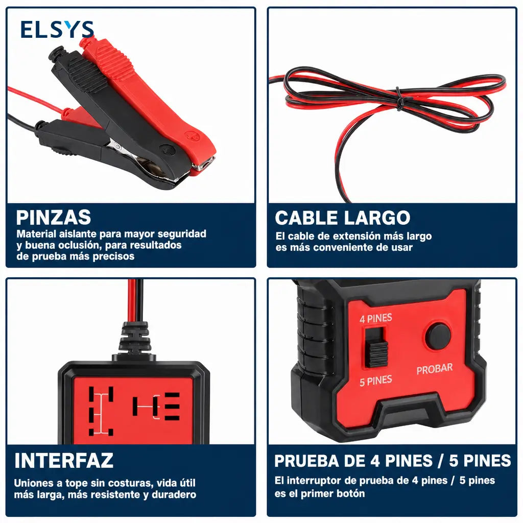 Probador automotriz de relevadores 12V con indicador LED rojo y verde para diagnóstico rápido en autos, talleres y revisión de 4 y 5 pines