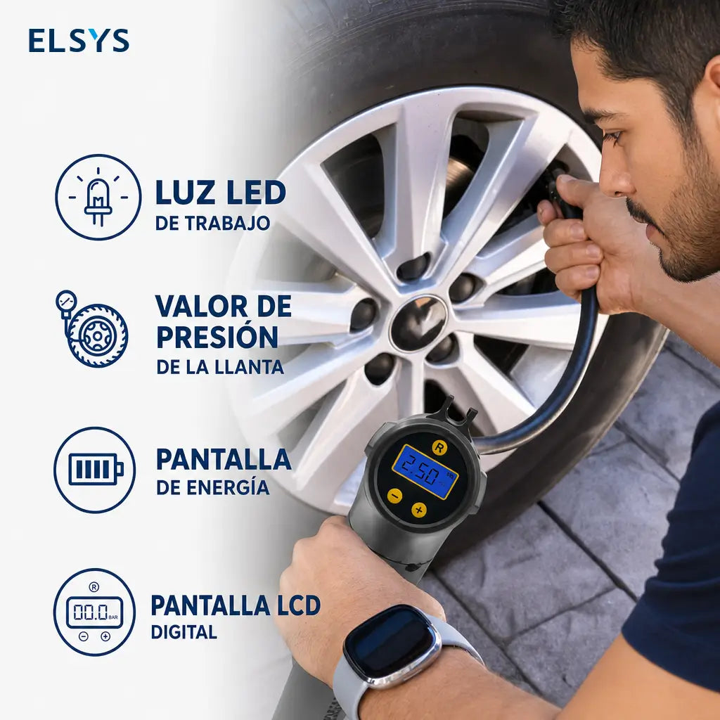 Inflador eléctrico portátil para llantas 150 PSI con luz LED, manómetro digital y boquillas para auto, bicicleta, balones deportivos y SUV