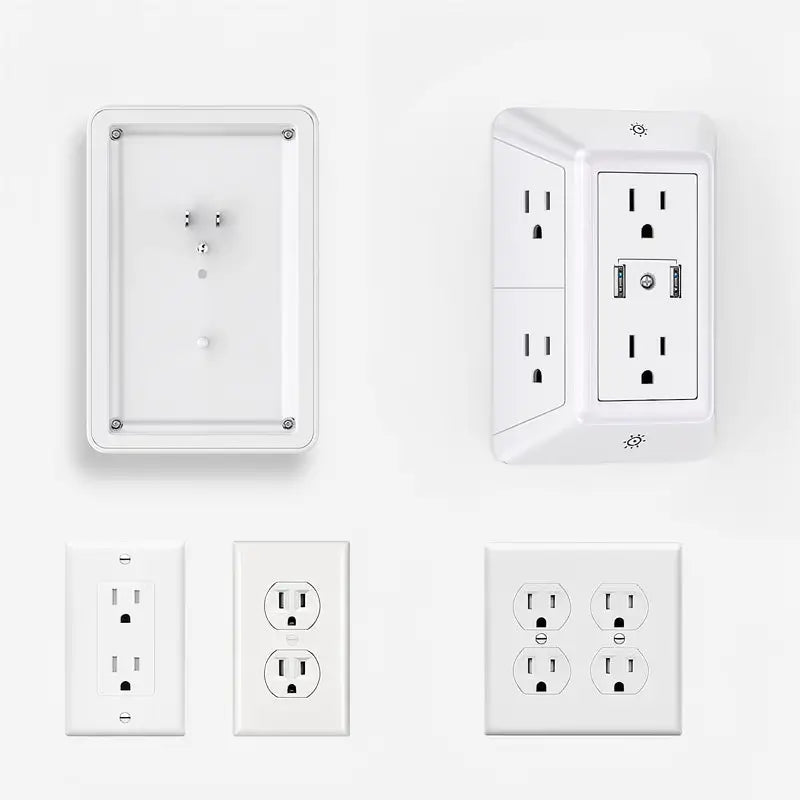 Supresor de Picos con Luz Nocturna, 3 Puertos USB y 6 Contactos de CA, Protector Eléctrico Multicontacto