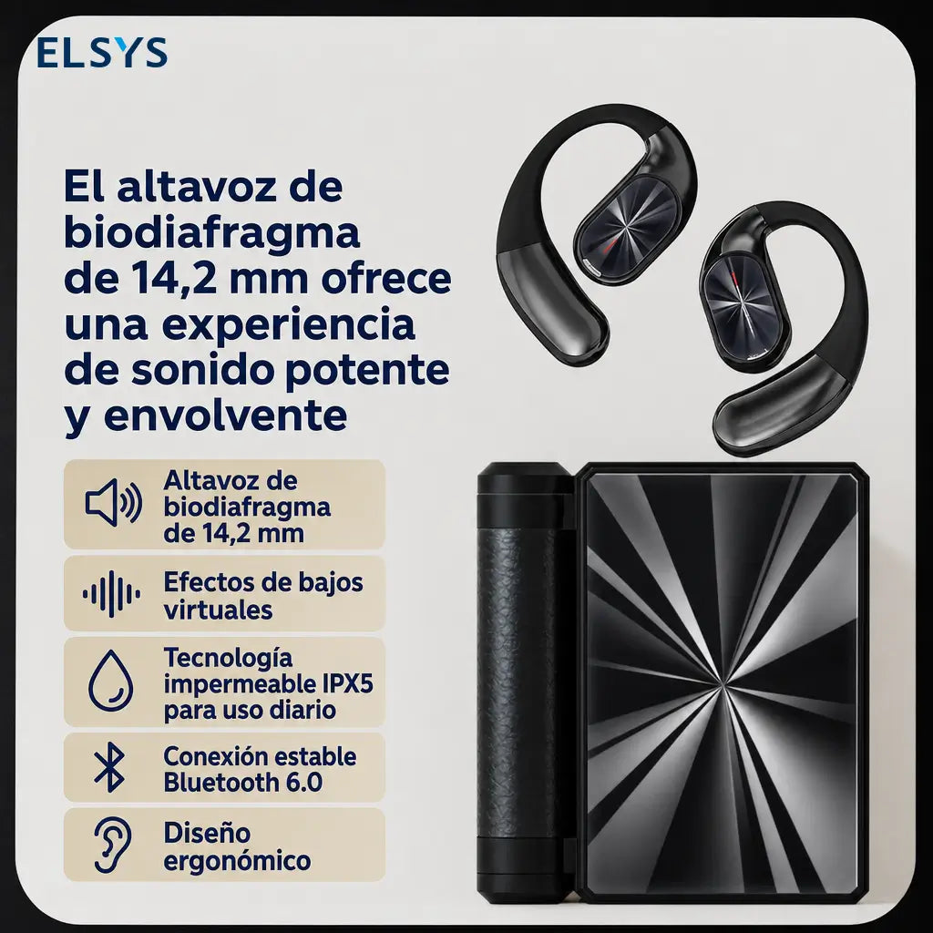 Audífonos inalámbricos open-ear Bluetooth 6.0 con gancho ergonómico, ENC y batería de 100 h para deporte, trabajo y viaje