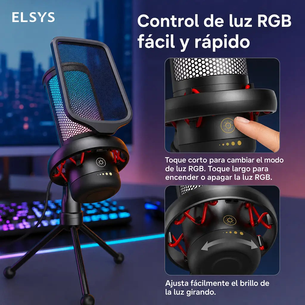 Micrófono USB de condensador TC310 con iluminación RGB ajustable, conexión USB-A y Type-C para gaming, streaming y podcast en PC Mac