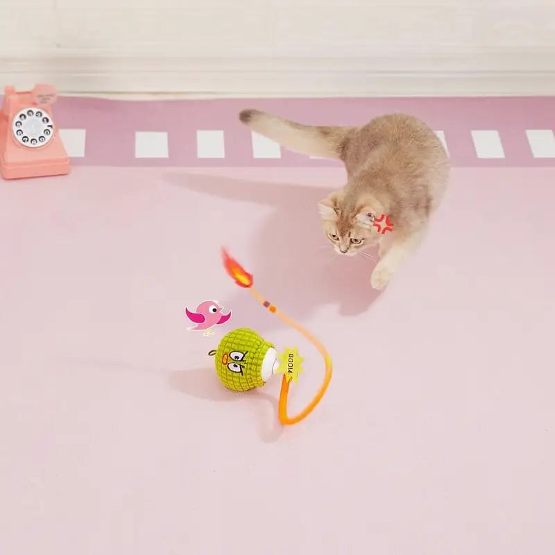 Juguete Interactivo para Gato con Sensor de Movimiento y Sonido de Pajarito, Pelota Inteligente Recargable con Diseño de Granada y Cola de Malla para Gatitos y Gatos Adultos, 7.6 cm