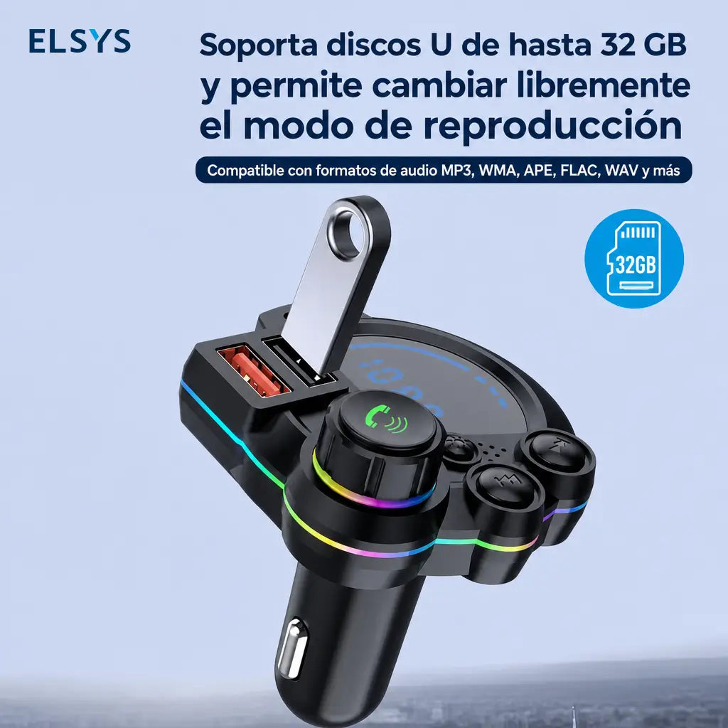 Transmisor FM Bluetooth 5.3 para auto con carga PD 20W y QC 3.0, llamadas manos libres y luz RGB para viajes