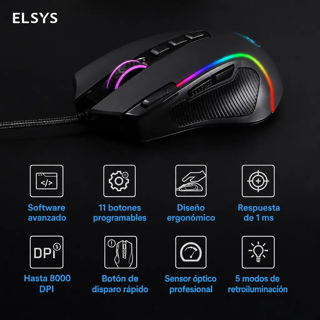 Mouse gamer alámbrico óptico de 8000 DPI con 11 botones programables y RGB para partidas precisas en computadora y trabajo diario
