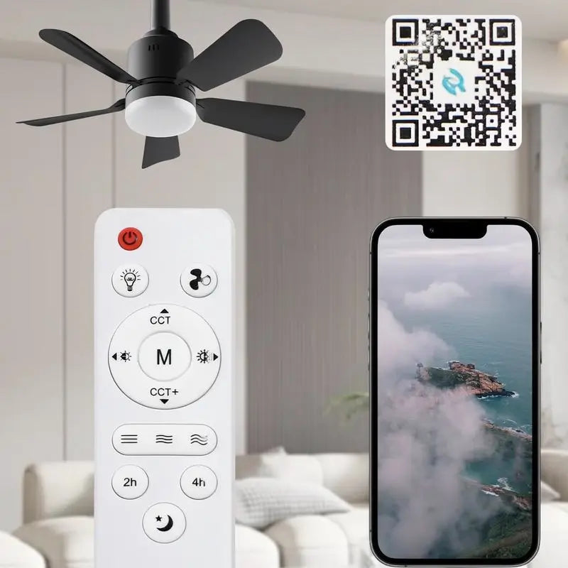 Ventilador de Techo con Luz para Socket E27, Portátil con Control Remoto y App Móvil, 1000 Lúmenes, Cable de Seguridad para Recámara, Cocina, Sala y Cuarto de Bebé