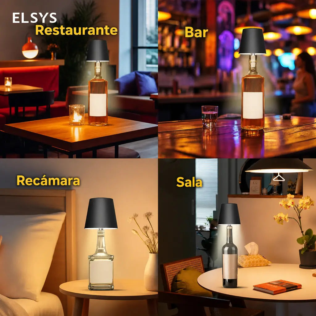 Lámpara LED inalámbrica para botella con control táctil, luz RGB regulable y carga USB-C para bar, recámara o camping