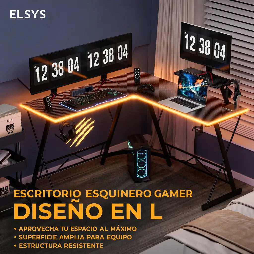 Escritorio gamer en L de 129 cm con soporte para monitor y luces RGB para home office y setup de juego negro estable