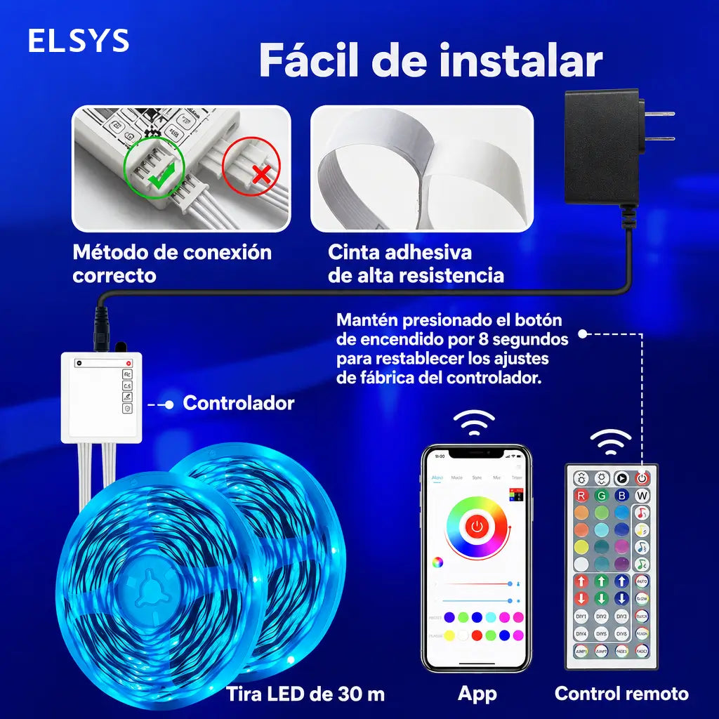 Tira inteligente de luces LED WiFi RGB 15 m o 30 m con app, control de voz y música para recámaras, salas y fiestas