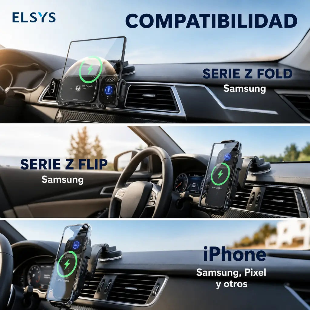 Soporte cargador inalámbrico 15W para auto con sujeción automática y rotación 90°, ideal para celulares plegables y grandes