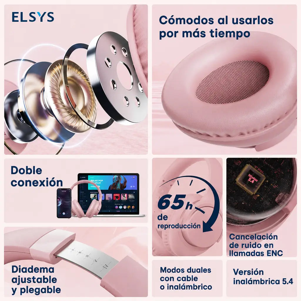 Audífonos over-ear inalámbricos 5.4 plegables con micrófono, 65 h de batería para música, llamadas, celular y computadora en casa, escuela o viajes