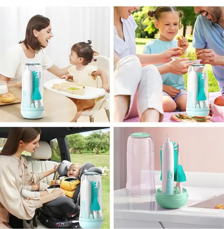 Cepillo Eléctrico para Limpiar Biberones y Mamilas, Kit de Limpieza 360° de Silicón con Cepillo para Tetinas y Popotes, Impermeable, Set de 6 Piezas para Recién Nacidos
