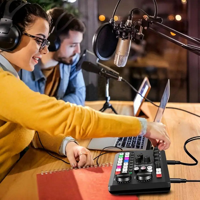 Mezcladora de Audio Tarjeta de Sonido en Vivo F998, Interfaz de Audio para Podcast con Efectos DJ, Cambiador de Voz con Efectos de Sonido para Karaoke, Streaming y Grabación, Kit de Tarjeta de Sonido Digital Portátil para PC Gamer