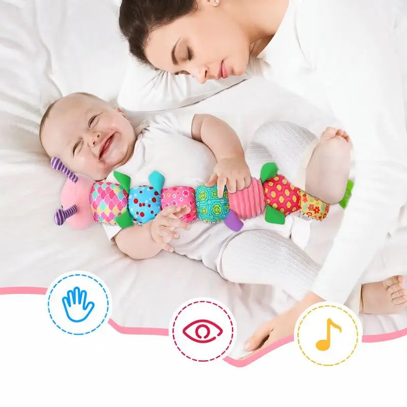 Juguetes para Bebé Recién Nacida, Juguete de Estimulación Temprana y Tummy Time, Peluche Musical con Sonajas y Texturas, Regalo para Bebés, Oruga Rosa
