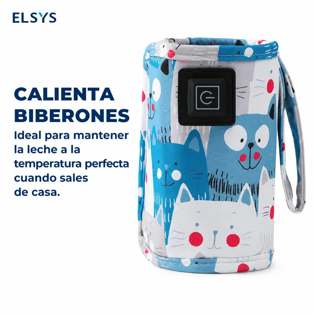 Calentador portátil USB para biberón con 3 temperaturas y funda térmica con gatitos para casa, viajes y salidas con bebé diarias