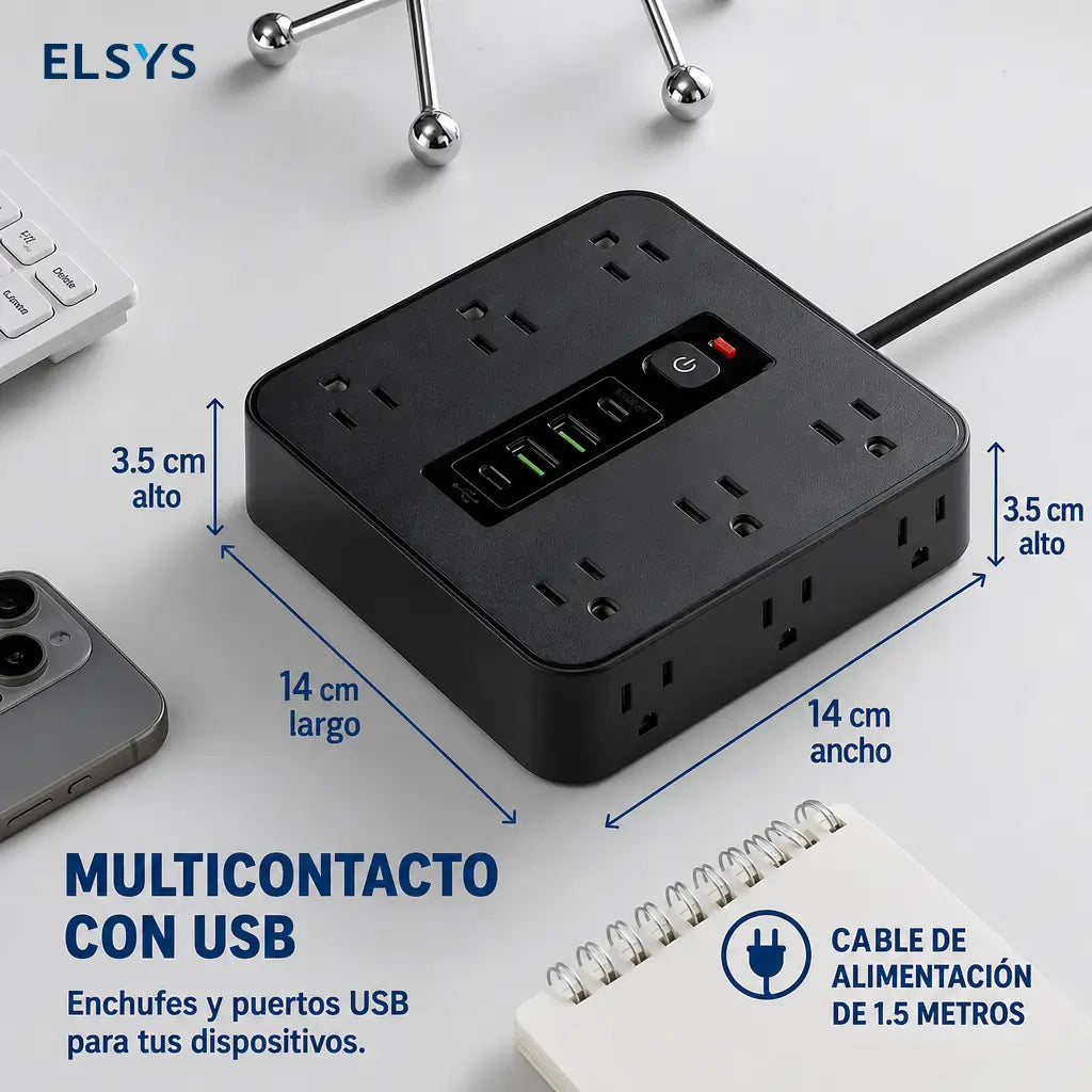 Multicontacto 16 en 1 con protección contra picos, 12 tomas AC y USB-C para carga organizada en casa, oficina o viaje diario