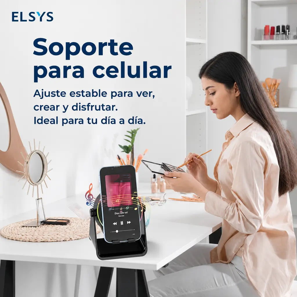 Bocina Bluetooth 5.3 con soporte para celular, giro 360°, luz RGB y audio por inducción para casa, oficina, viajes y tablet