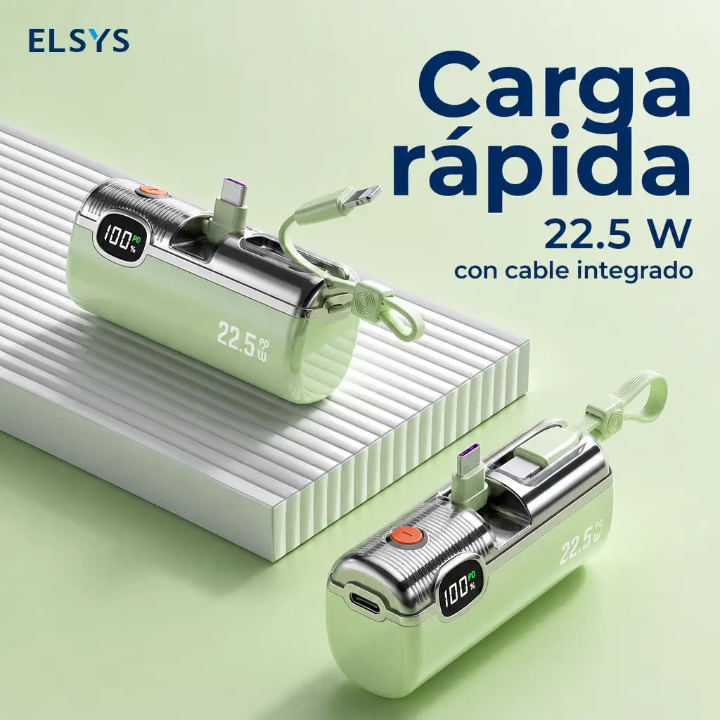 Power bank mini 5000mAh con carga rápida 22.5W, cable integrado y display digital para celular, viajes y emergencias sin cargar peso extra